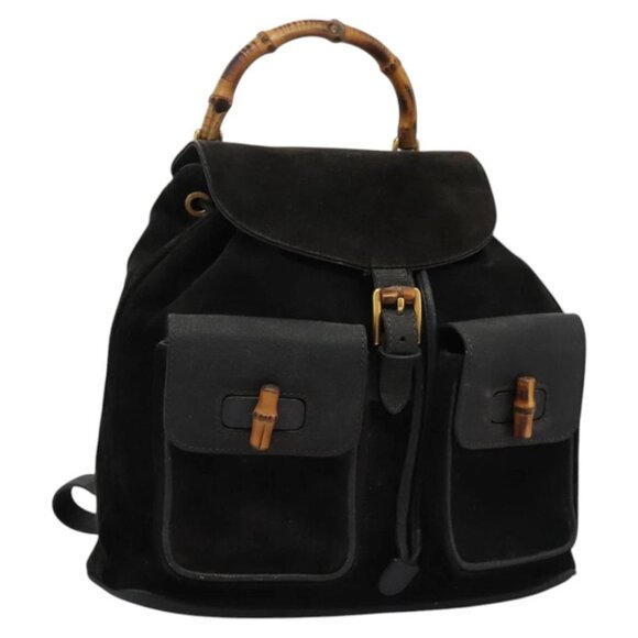 GUCCI Bamboo Backpack Suede Black Gold - Picture 1 of 15